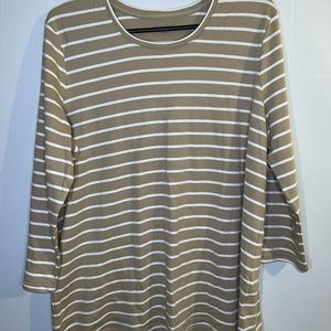 Laura Scott tan and white striped 3/4 sleeve shirt